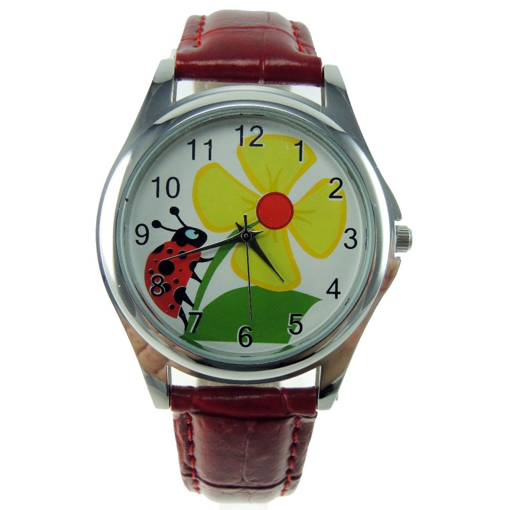 Ladybug Dial Watch Red Faux Leather Band Lady Bug